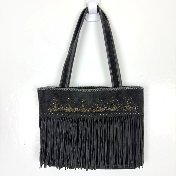 Cripple Creek Fringe Leather Shoulder Bag Black Beaded Studded Double Handles - Picture 3 of 15